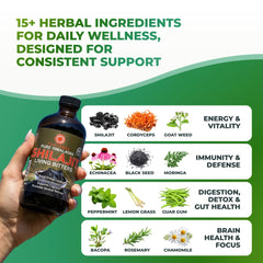 Essence Herbs Shilajit Bitters bottle close-up highlighting rich herbal blend for energy
