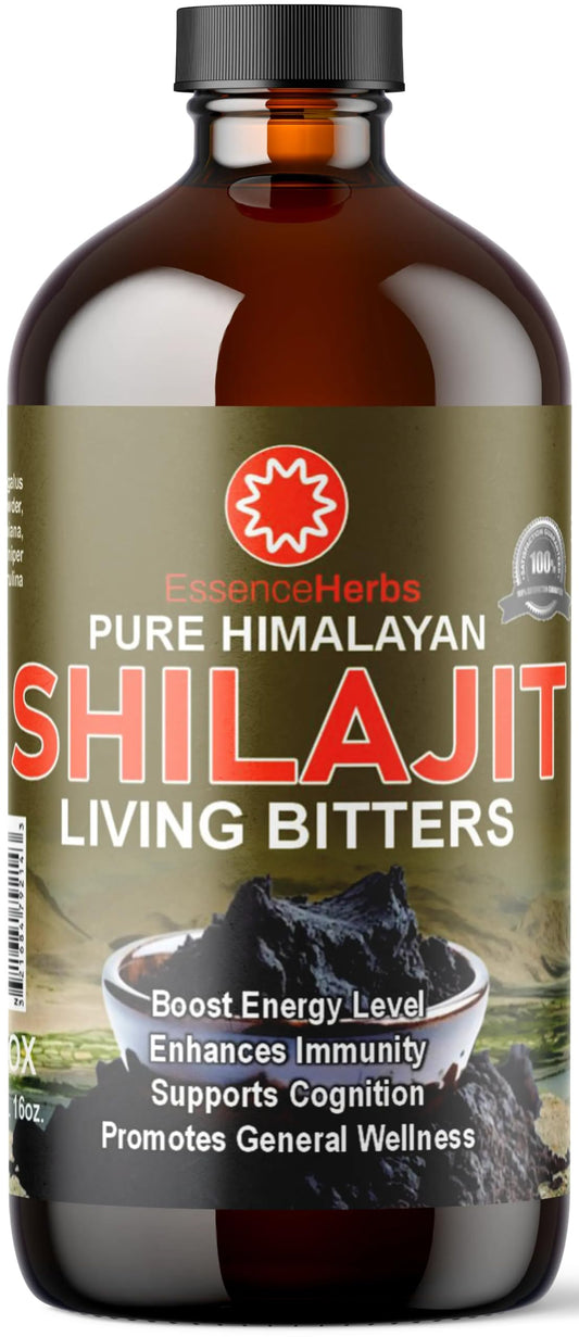 Essence Herbs Shilajit Bitters bottle pour showing herbal infusion for digestion support