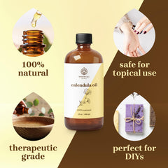 Essential Delights Calendula Oil used for face, body, and hair care.