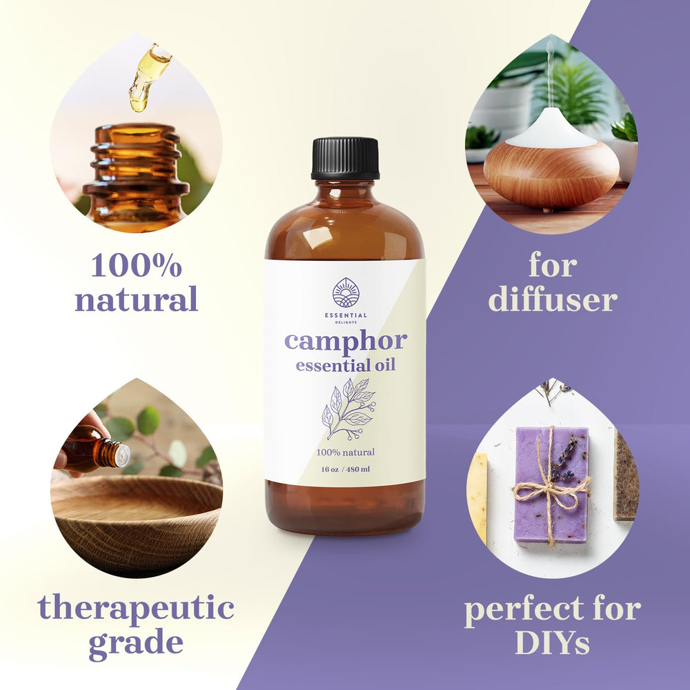 Label close-up of Essential Delights camphor oil for soaps and candles