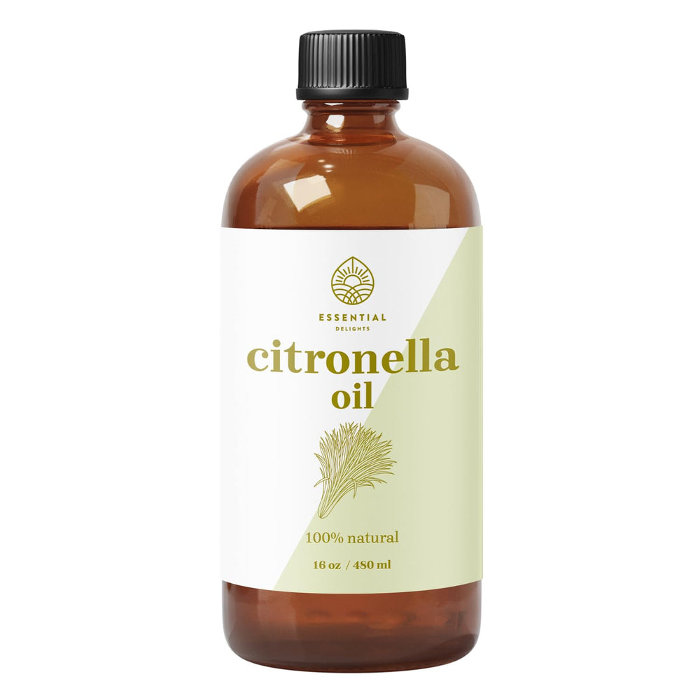 Essential Delights citronella oil bottle beside diffuser for refreshing outdoor aromatherapy