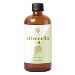 Essential Delights citronella oil bottle beside diffuser for refreshing outdoor aromatherapy