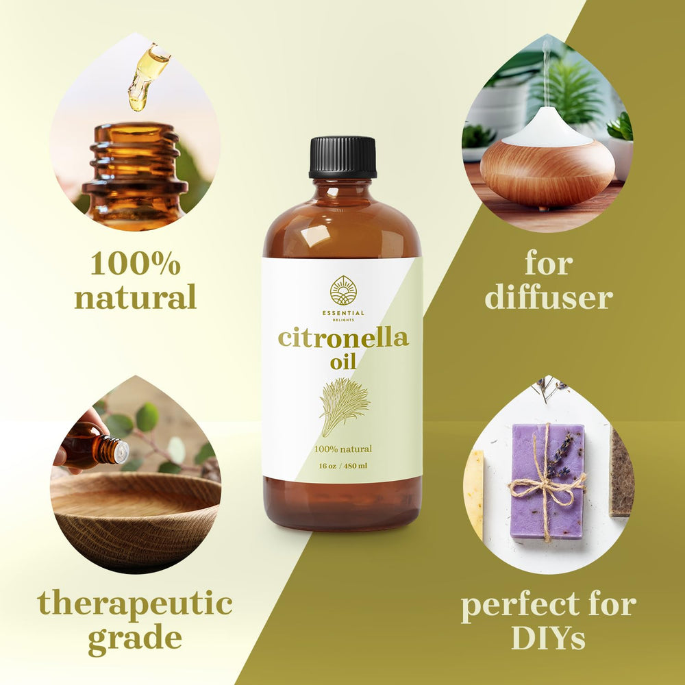 Essential Delights citronella oil bottle close-up highlights purity and premium sourcing