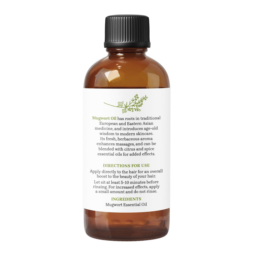 Essential Delights Mugwort Oil drops suggesting application and calming aroma