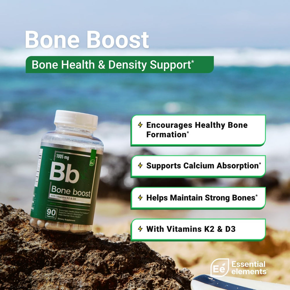 Essential Elements Bone Boost capsules close-up shows a highly absorbable calcium formula.