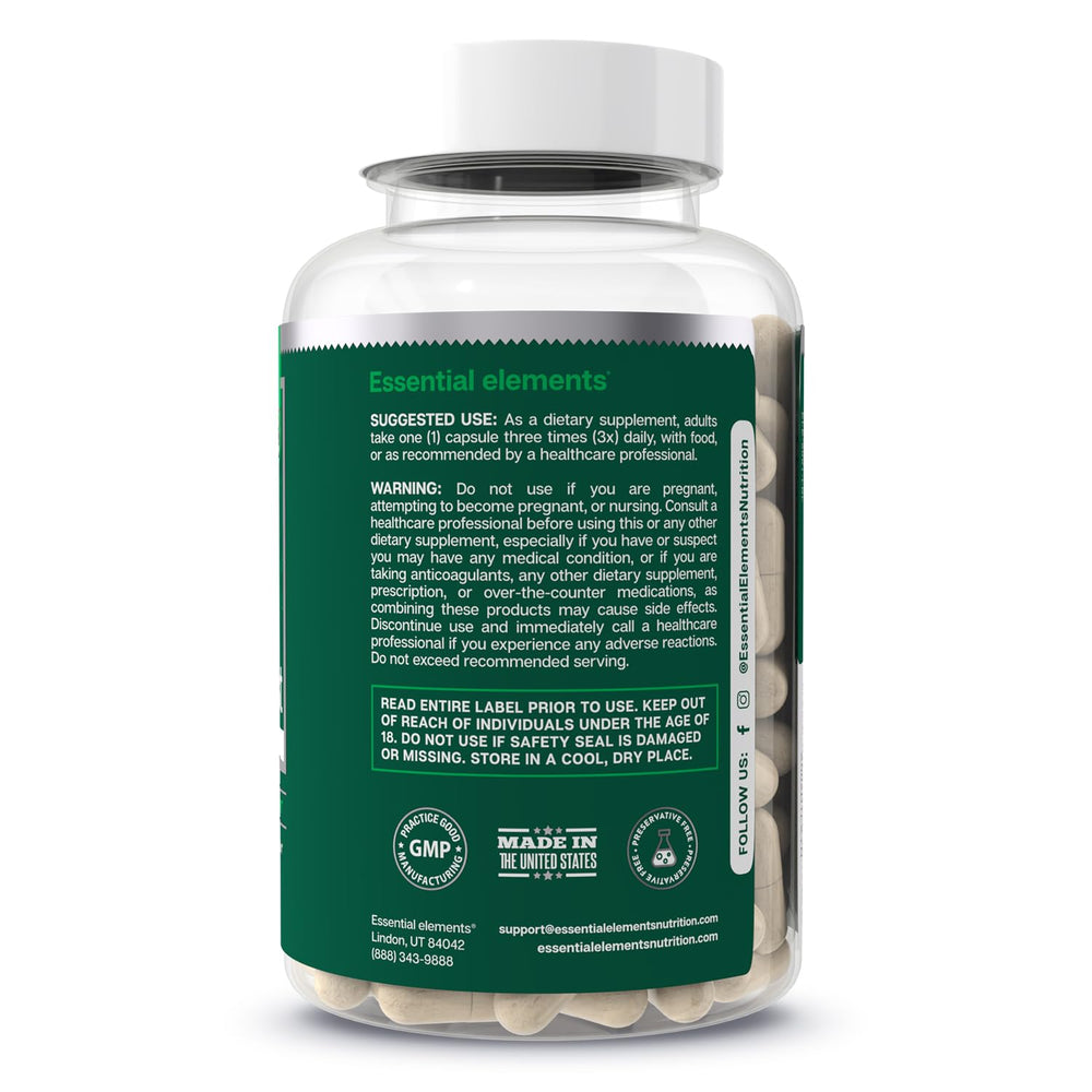 Essential Elements Bone Boost label highlights vitamin D3 and K2 for bone support.