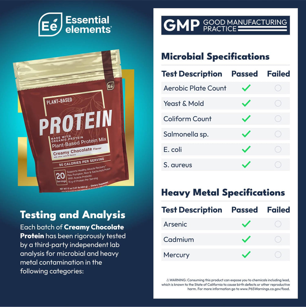 Essential Elements creamy chocolate protein scoop for daily protein handy.
