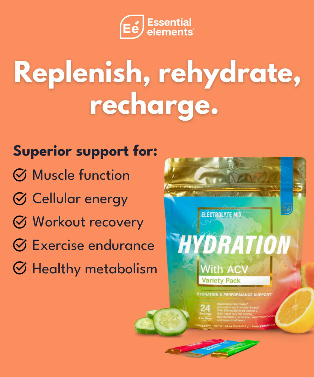 Essential Elements Hydration Packets in Yuzu-Lime for on-the-go hydration.