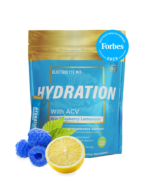 Essential Elements Hydration Packets blue raspberry pack for quick hydration after workouts.