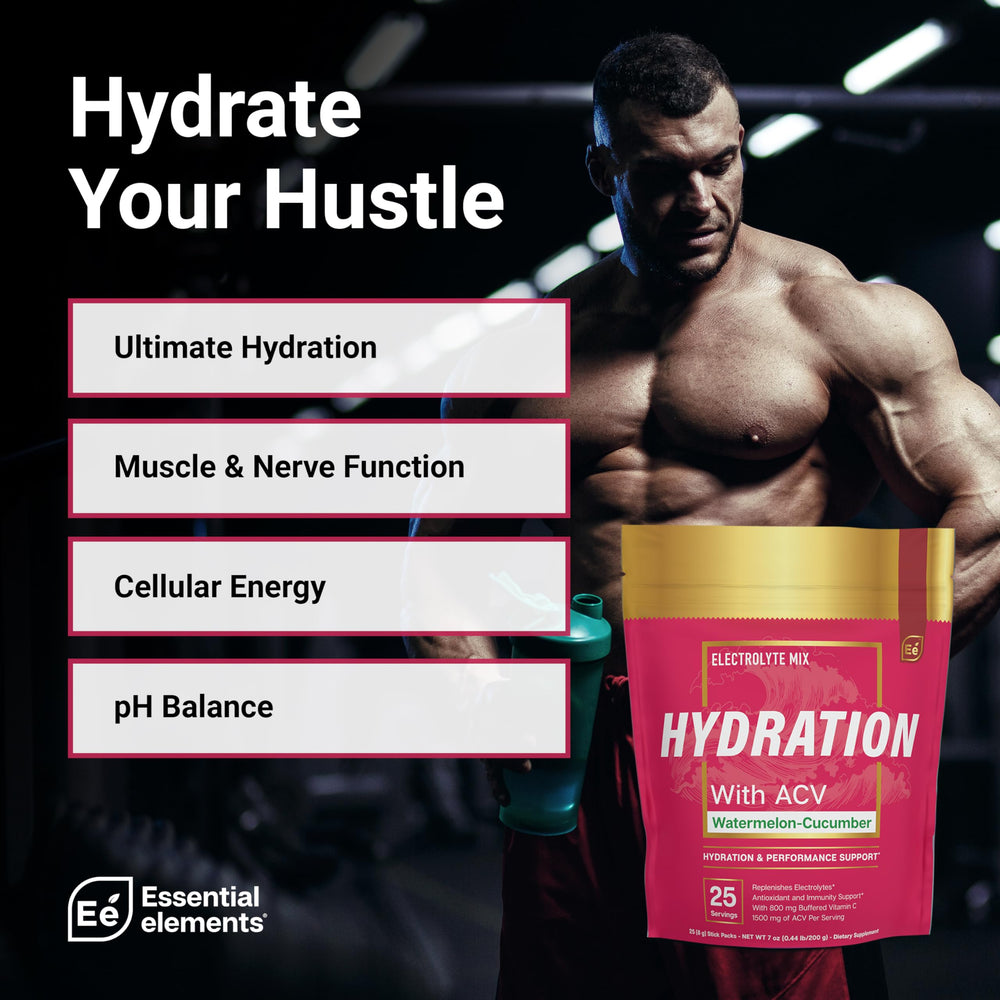 Essential Elements hydration packets Yuzu-Lime powder poured into glass for refreshing boost
