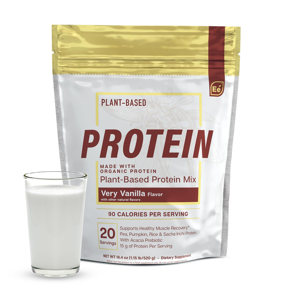 Essential Elements vanilla pea protein tub for a balanced vegan shake.
