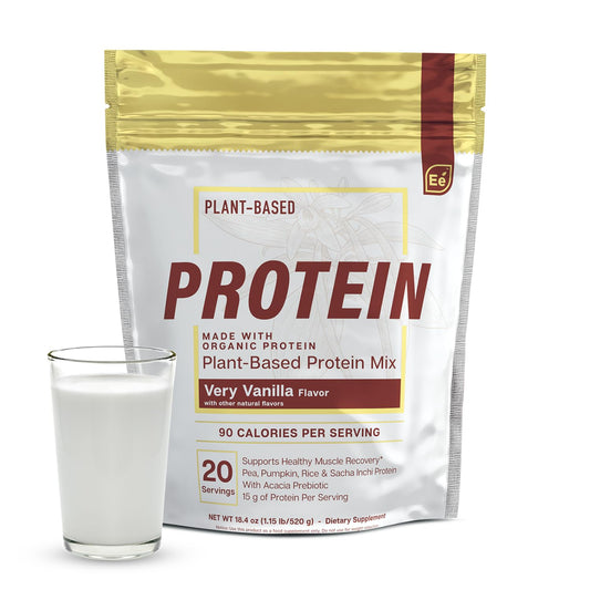 Essential Elements vanilla pea protein tub for a balanced vegan shake.