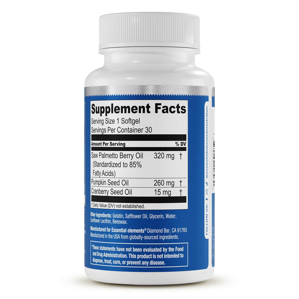 Essential Elements Saw Palmetto Plus bottle supporting hair health and vitality.