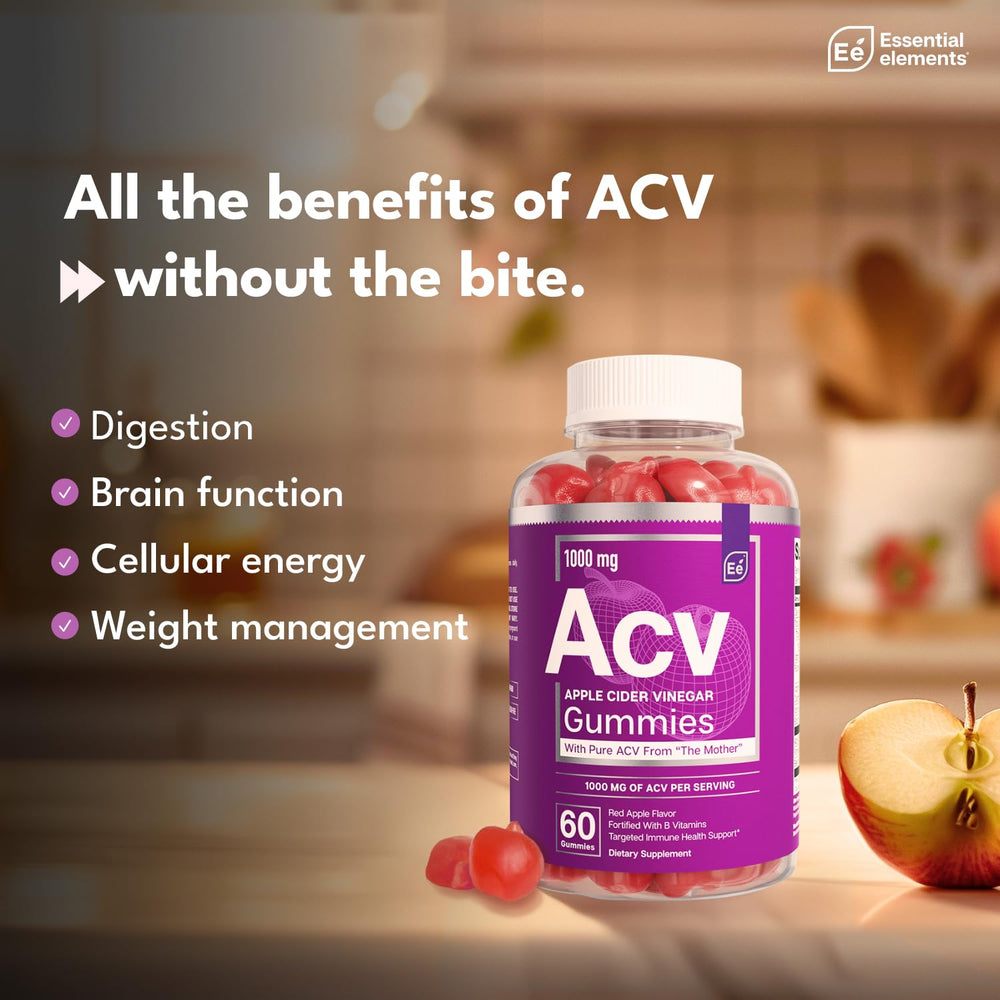 Essential Elements vegan ACV gummies ingredients panel and folic acid