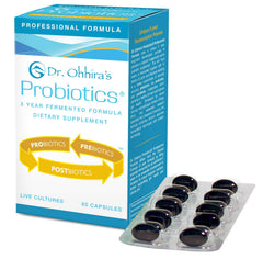 Essential Formulas Dr. Ohhira’s Probiotics bottle highlighting five-year fermentation and twelve strains for gut balance.