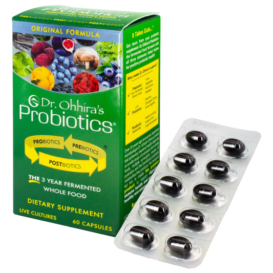 Essential Formulas Dr. Ohhira’s Probiotics bottle shows 60 capsules for daily gut support.