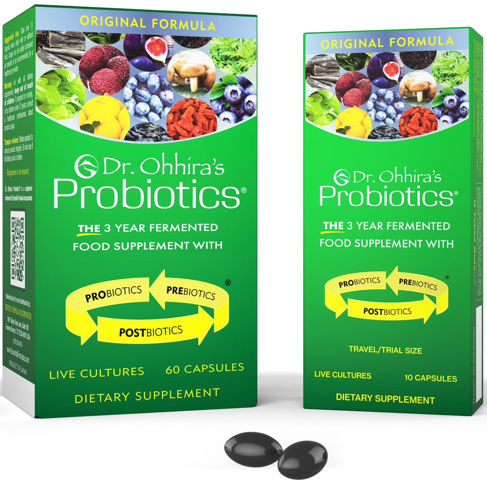 Essential Formulas Dr. Ohhira's Original Formula bottle front promotes gut-friendly balance with 13 probiotic strains.