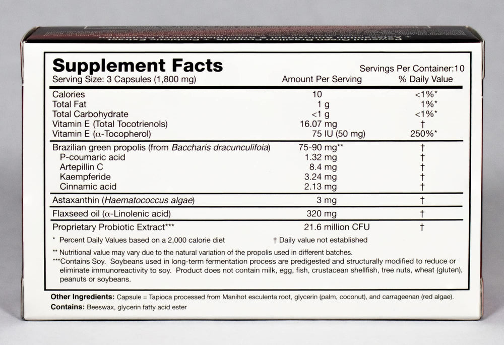 Essential Formulas Dr Ohhira's Propolis Plus label detail featuring Brazilian Green Propolis.