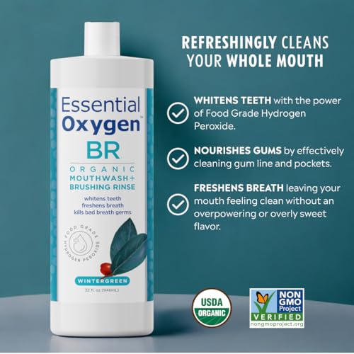 Essential Oxygen Brushing Rinse label close-up highlights organic oils and hydrogen peroxide.