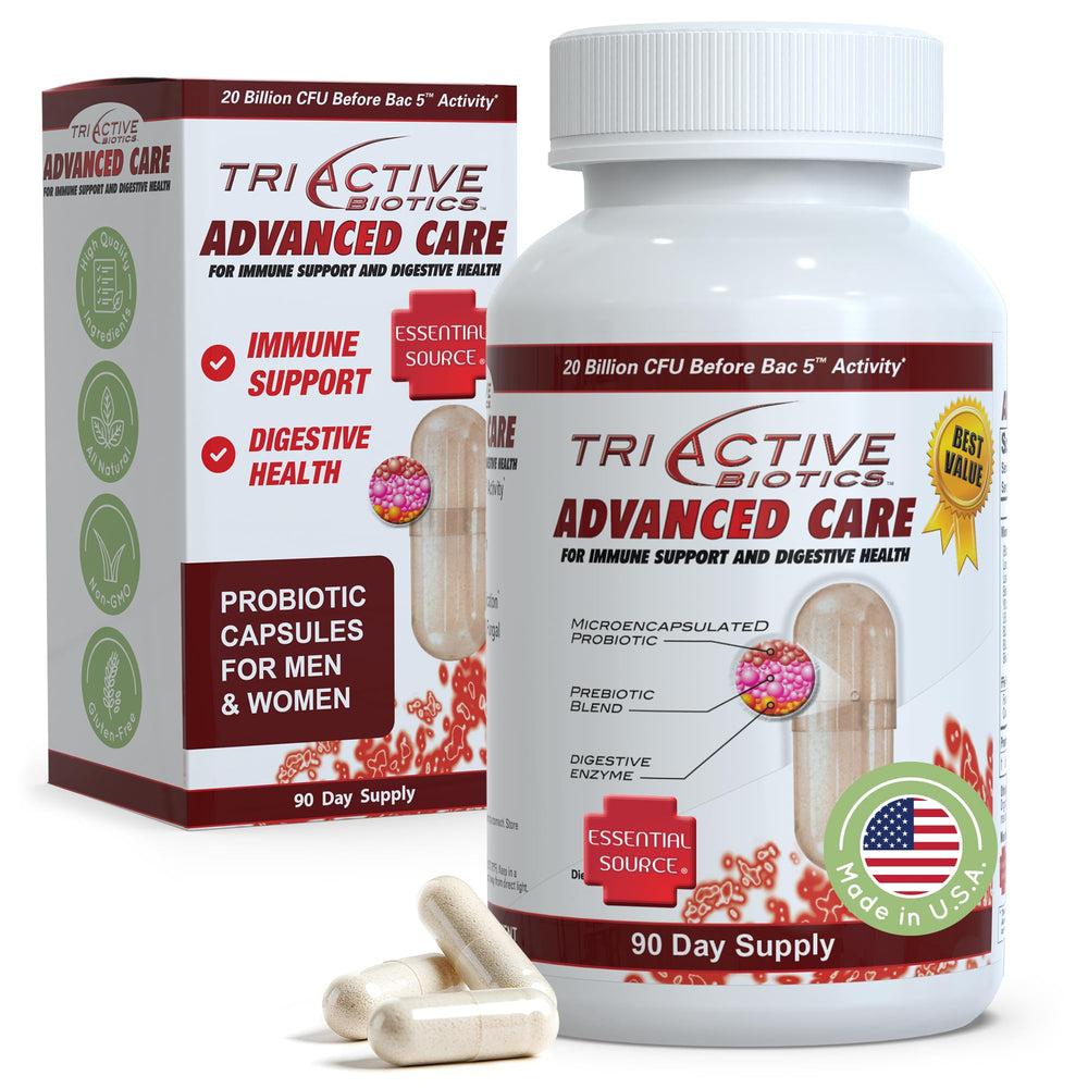 Essential Source TriActive Biotics bottle supports daily digestive wellness.