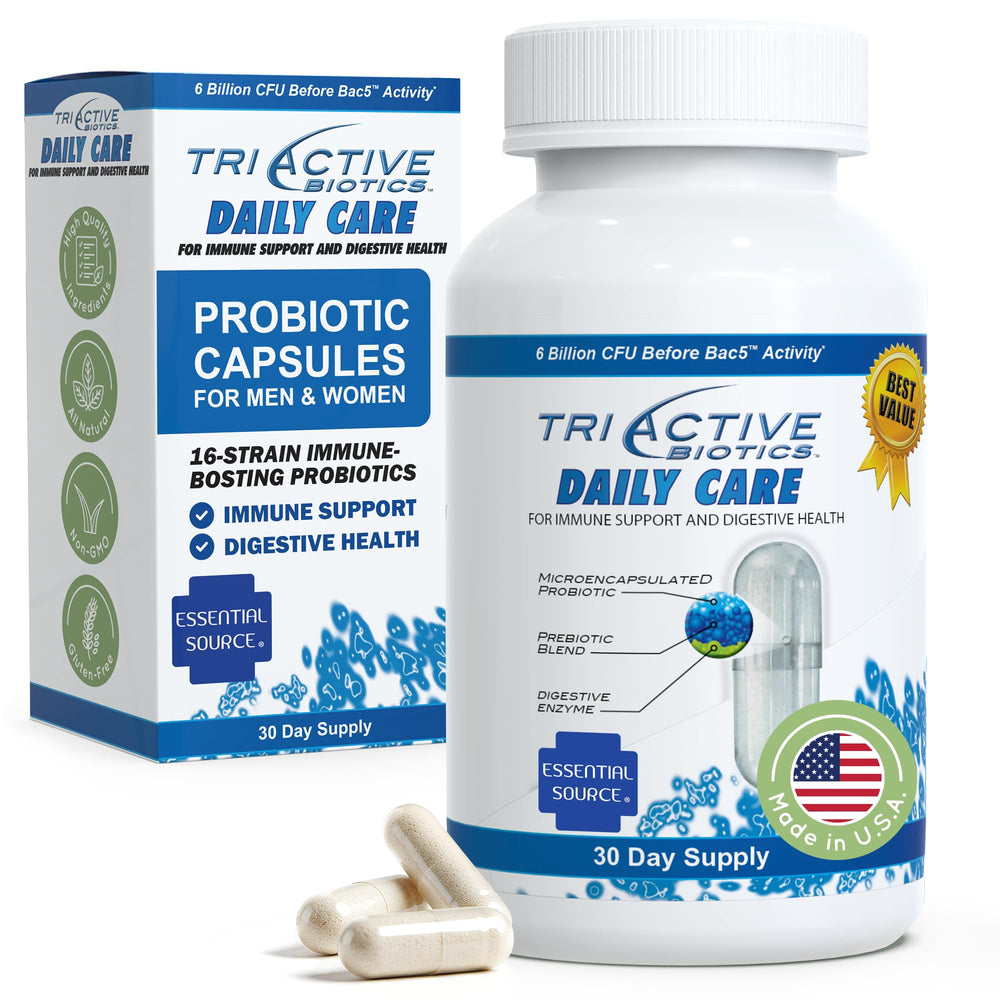 Essential Source TriActive Biotics Daily Care bottle for easy daily probiotic support and digestion.