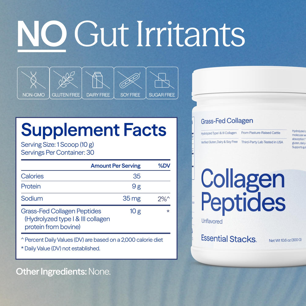 Essential Stacks collagen powder ready to blend into smoothies for a daily boost.