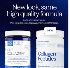 Essential Stacks grass-fed collagen bottle highlights pasture-raised origin.