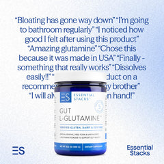 Essential Stacks Gut L-Glutamine banner highlighting allergen-free formula.