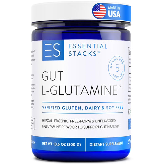 Essential Stacks Gut L-Glutamine powder bottle for daily gut health support.