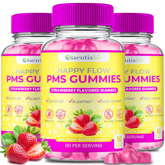 Essentialife Happy Flow PMS gummies bottle showing convenient cycle support.