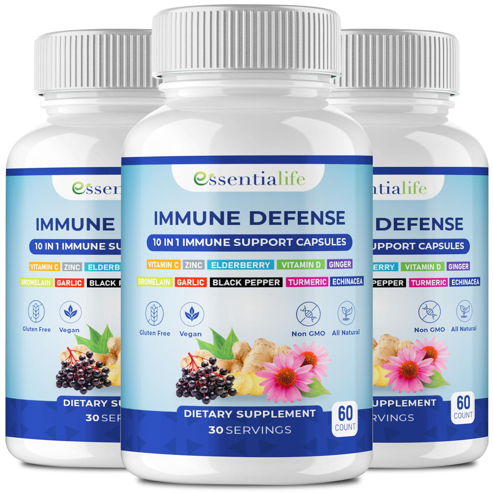 Essentialife Immune Support bottle featuring elderberry capsules for daily resilience.