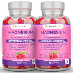 Essentialife magnesium gummies 2-pack on desk, convenient daily magnesium support for digestion and energy.