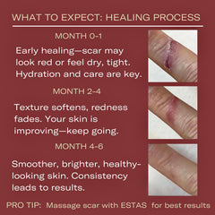 Three-product scar care kit shown with guidance for daily use.