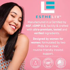 ESTHELIV bottle label highlights PQQ 10 mg per serving for antioxidant support