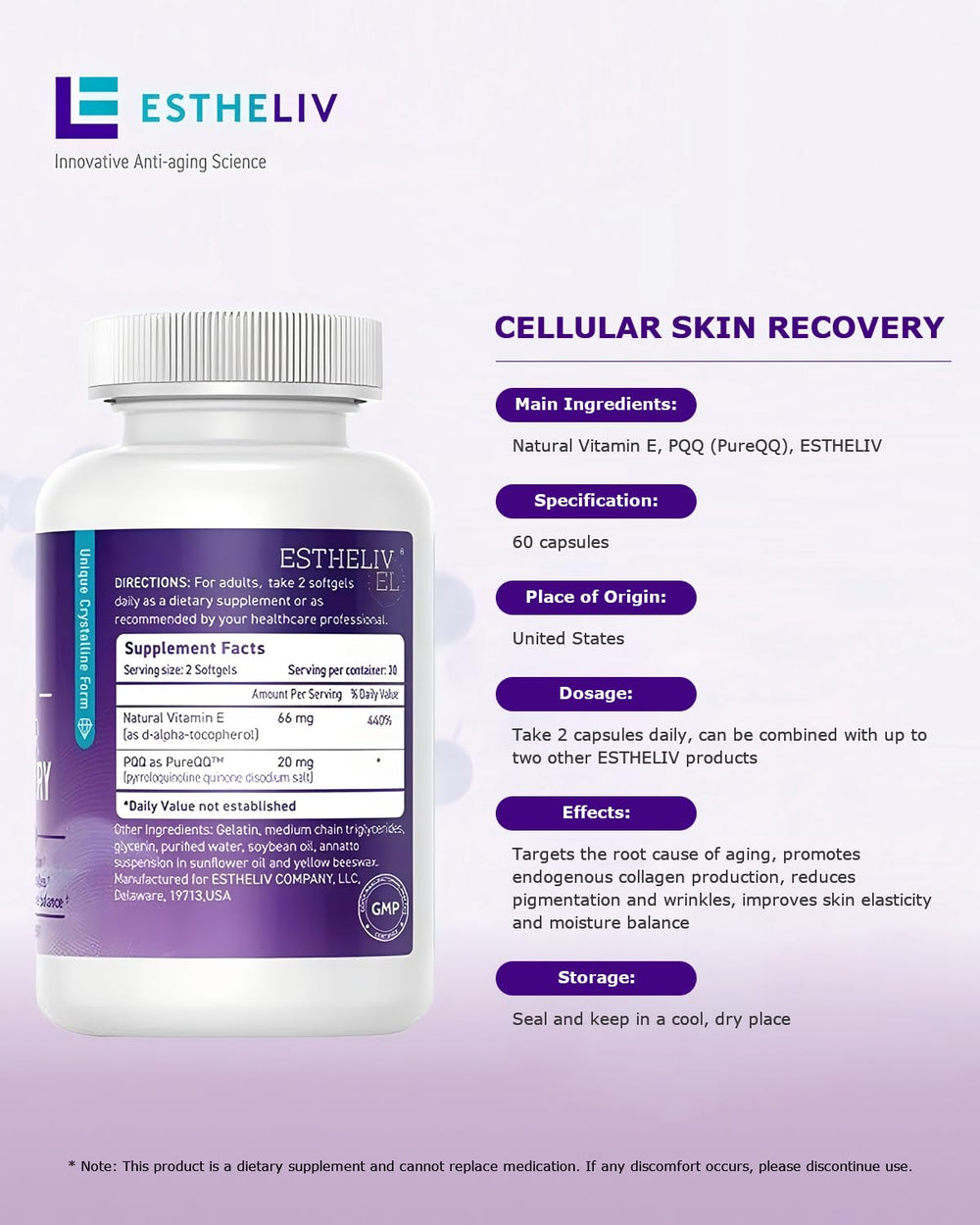 ESTHELIV skin recovery label close-up emphasizing key claims