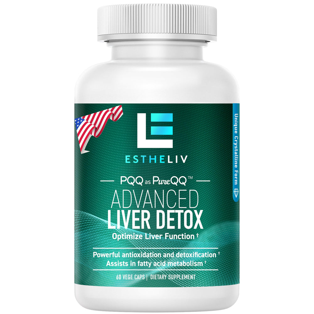 ESTHELIV liver detox bottle with patent PQQ and inositol blend supports liver health.