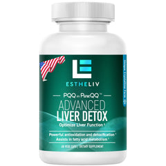 ESTHELIV liver detox bottle with patent PQQ and inositol blend supports liver health.