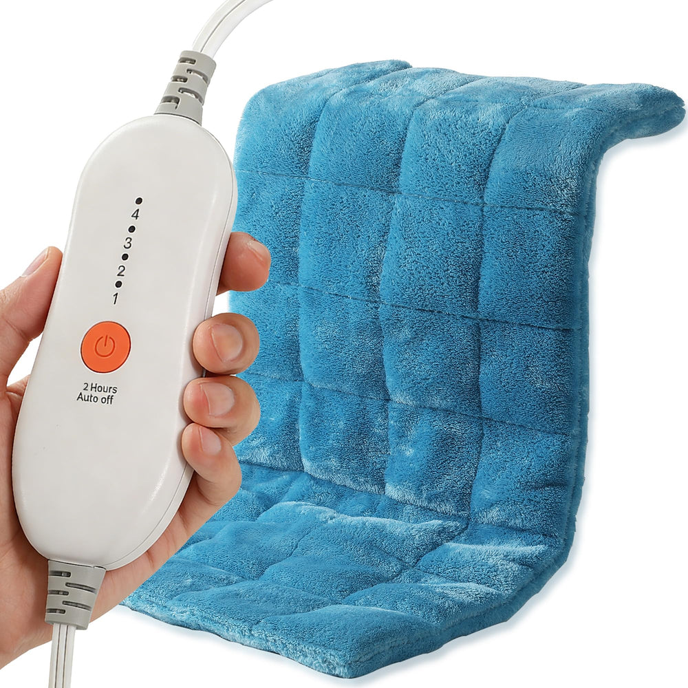 ESTINGO weighted heating pad on back and shoulders for deep warmth and relaxation.