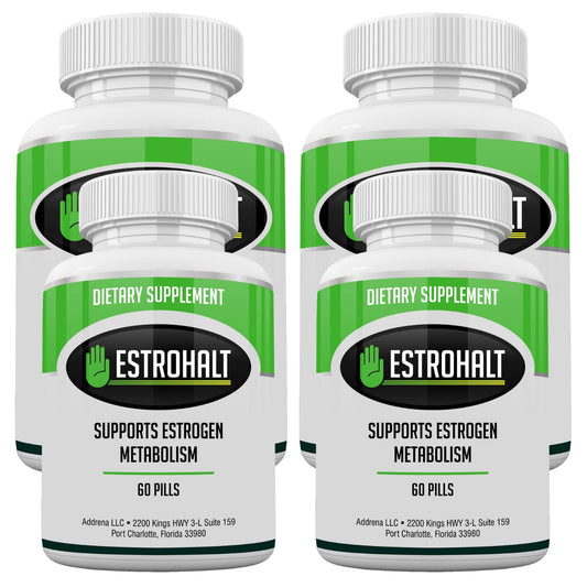Estrohalt bottle of a DIM and I3C supplement for flexible dosing at home.
