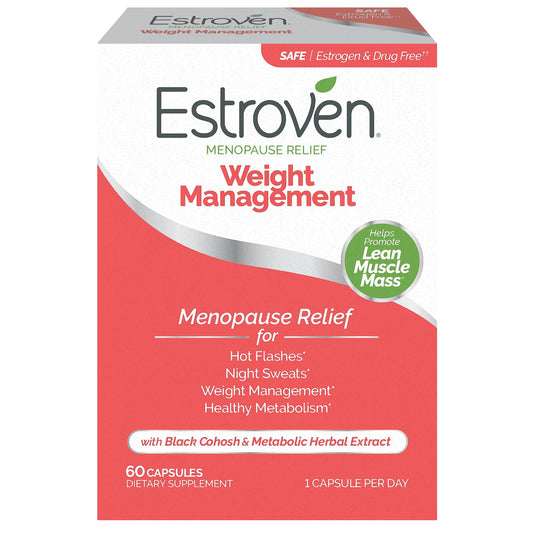 Estroven Weight Management bottle for menopause relief in daily routine.