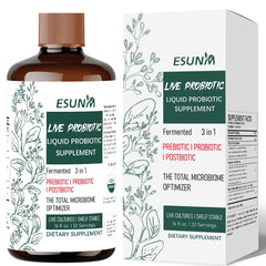 ESUNM 3-in-1 liquid bottle illustrating daily gut support for men and women