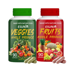 ESUNM Fruits and Veggies supplement bottle front showing two-pack packaging for daily energy and wellness
