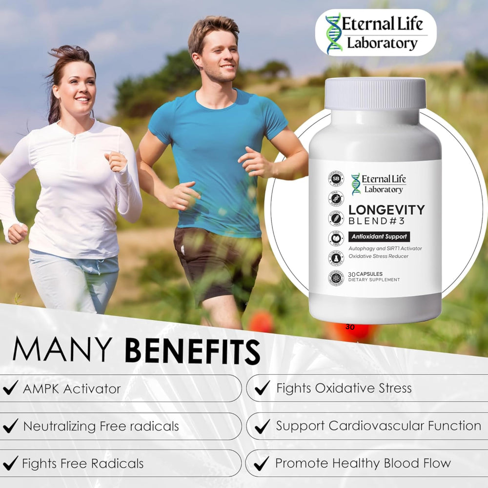 Eternal Life Laboratory Longevity Blend 3 resveratrol close-up highlighting longevity support.