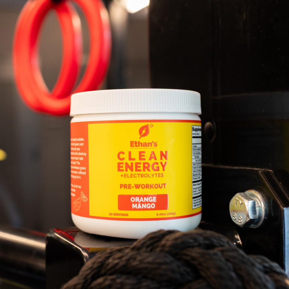 Ethan's Feel Good bottle set for steady energy during workouts.