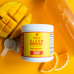 Scoop-dispense of Ethan's Feel Good pre-workout orange mango powder.