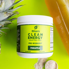 Ethan's Feel Good pineapple drink mix glass—refreshing post-workout hydration.