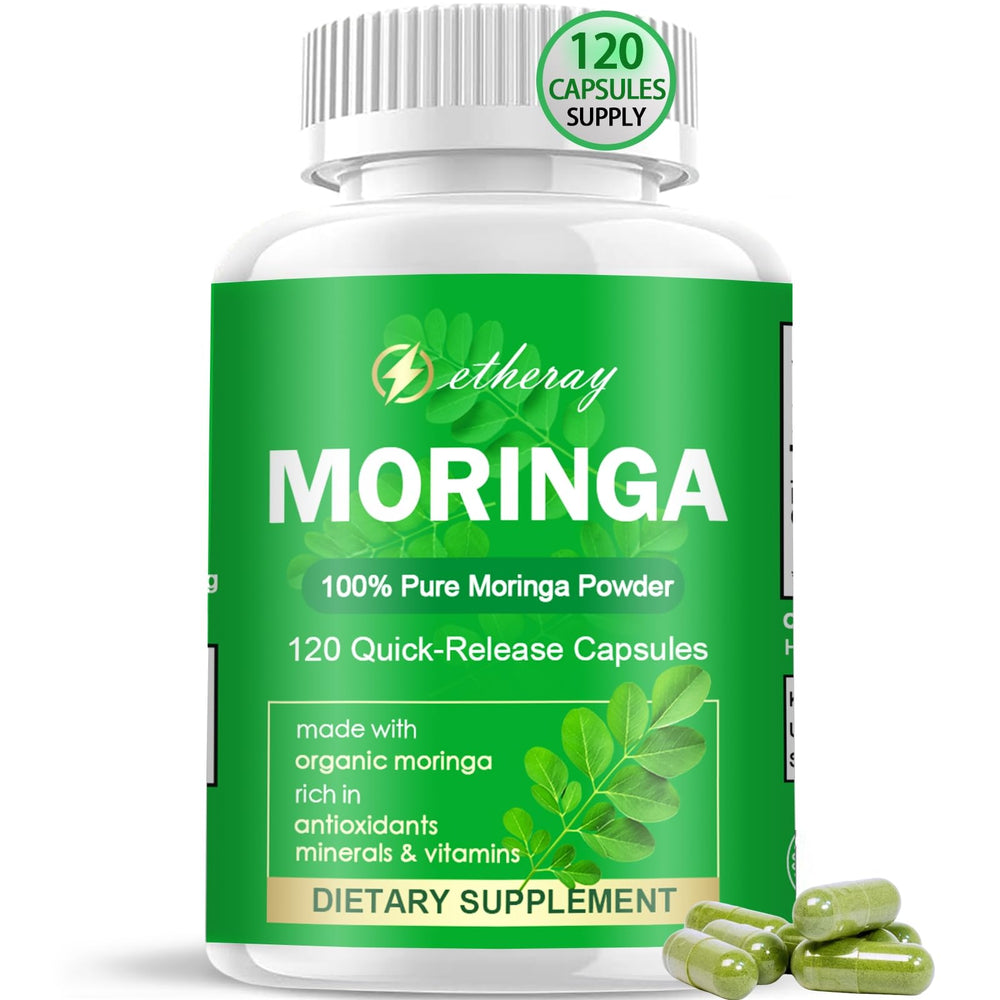 etheray Moringa capsules bottle for daily vegan nutrition.