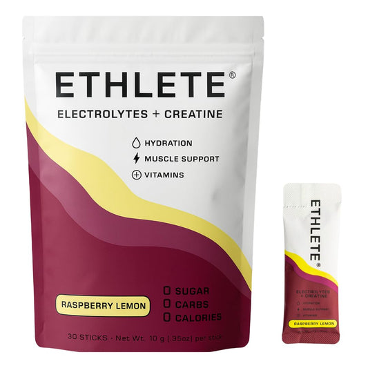 Ethlete Electrolytes Raspberry Lemon powder tub ready for workout hydration.