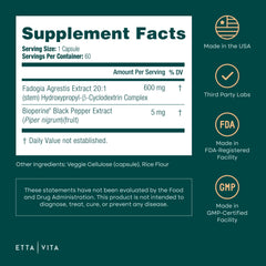 Etta Vita Fadogia Agrestis 600mg ingredients panel for clarity and quality.