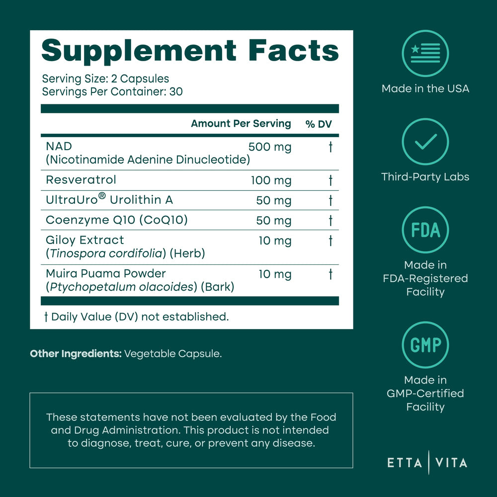 Etta Vita NAD label close-up highlights premium formulation.